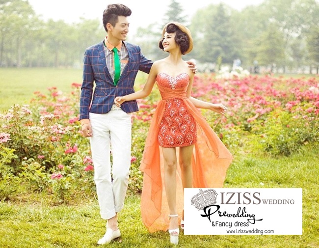 PW157 - Pre order ชุดคู่ถ่ายพรีเวดดิ้ง (prewedding dress) & ชุดแต่งงานแฟนซี (Fancy wedding dress)ชายหญิง "ธีมสีส้ม-ลายสก๊อตน้ำเงิน"