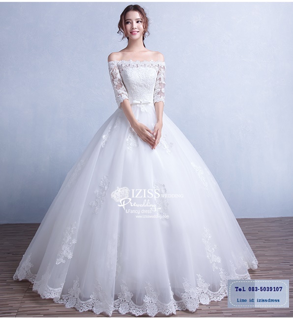 ฺBR105 **พรีออเดอร์**ชุดแต่งงาน&ชุดเจ้าสาวแบบยาวสีขาวเกรดพรีเมี่ยม เปิดไหล่ มีแขน หรูหราน่ารัก สวยโดดเด่นไม่ซ้ำใคร