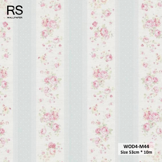 วอลเปเปอร์ลายดอกไม้สีแดง สลับลายทางสีฟ้าขาว WOD4-M44