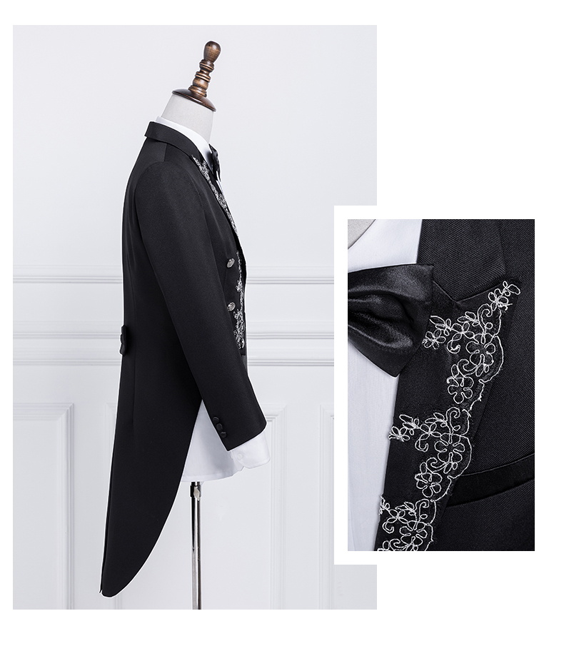 ST132- **พรีออเดอร์**สูททักสิโด้ผู้ชายสีขาว สูททักซิโด้สีดำ แขนยาว พร้อมแถบคาดเอว และกางเกง ชุดสูทเจ้าบ่าว สูทแฟนซี ถ่ายพรีเวดดิ้ง & ชุดแต่งงานแฟนซี (Fancy wedding dress) สูททักสิโด้ผู้ชายสีขาวและสีดำ