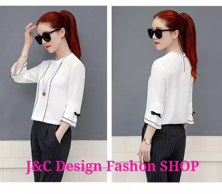 เสื้อผ้าชีฟองสีขาวแขนกระดิ่งกุ้นดำ เสื้อชีฟองแต่งเกล็ดระบายด้านหน้า แต่งระบายข้างกุ้นดำ เสื้อทำงานเกาหลี เสื้อเกาหลีสมัครงาน ชุดสมัครงานเกาหลี เสื้อลูกไม้ใส่กับผ้าถุง เสื้อลูกไม้ใส่กับผ้าซิ่น