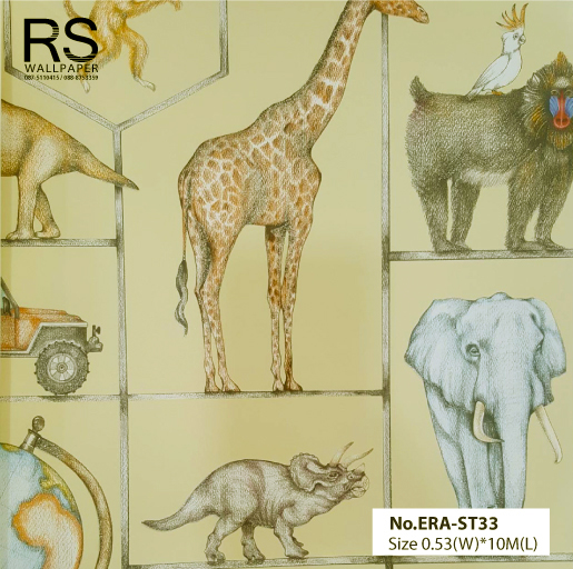 วอลเปเปอร์ สำหรับห้องเด็ก รูปสัตว์ พื้นสีเหลือง No.ERA-ST33