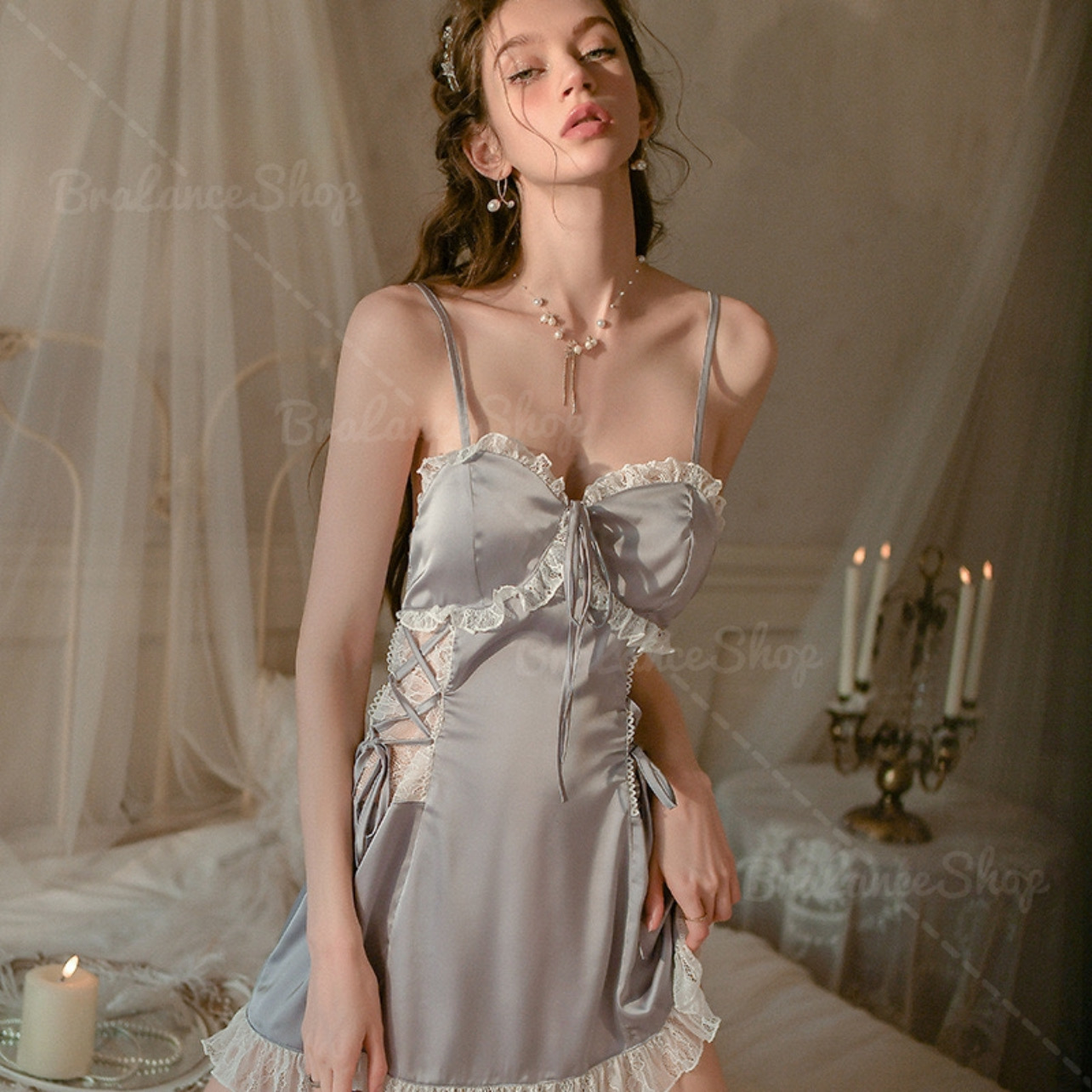 BLS✿2132 ชุดนอนลูกไม้ ผ้าซาตินแท้💯