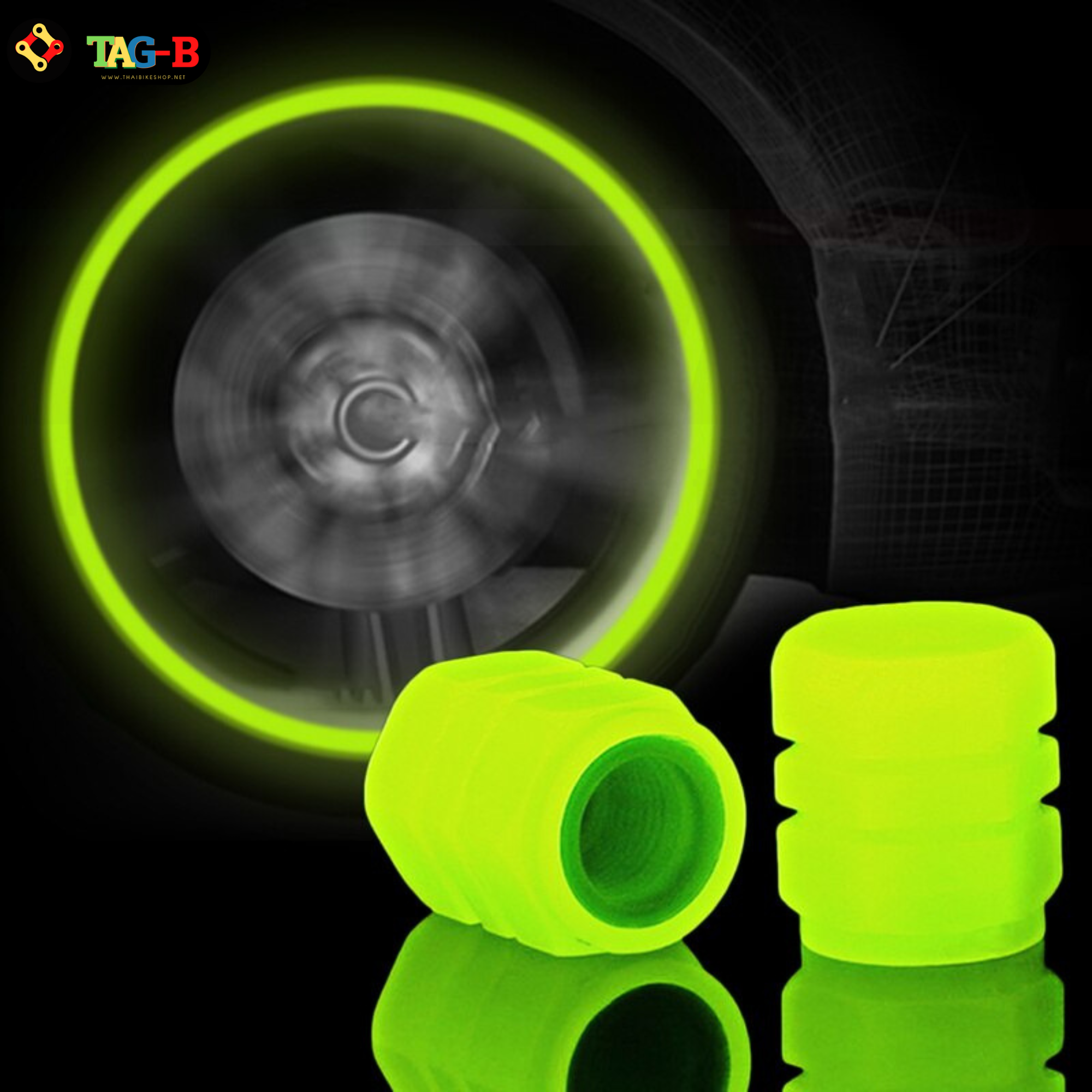 ฝาปิดจุ๊บลมจักรยาน มอเตอร์ไซต์ รถยนต์แบบจุ๊บใหญ่ AV สีเขียวสะท้อนแสง