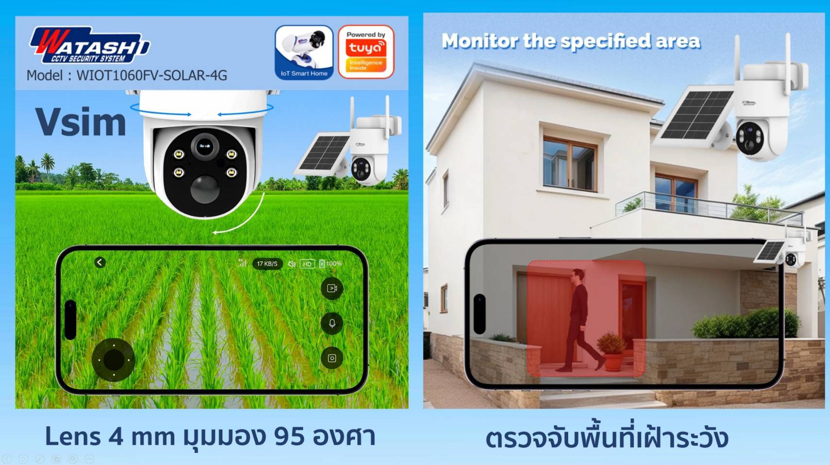 กล้องวงจรปิดโซล่าเซล WATASHI รุ่น WIOT1060FV-SOLAR-4G ไม่ต้องเสียบปลั๊กไฟ ไม่ต้องเสียค่าเน็ต ดูออนไลน์ฟรีตลอดอายุการใช้งาน