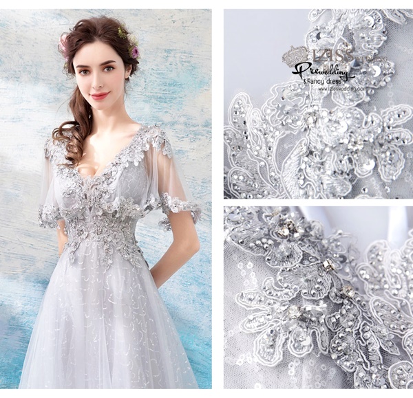 DL067 - **พรีออเดอร์** ชุดราตรี เดรสยาวออกงาน (Night party dresses) ชุดไปงานแต่งงานสวยๆ "ธีมสีเทาแต่งดอก 3D"