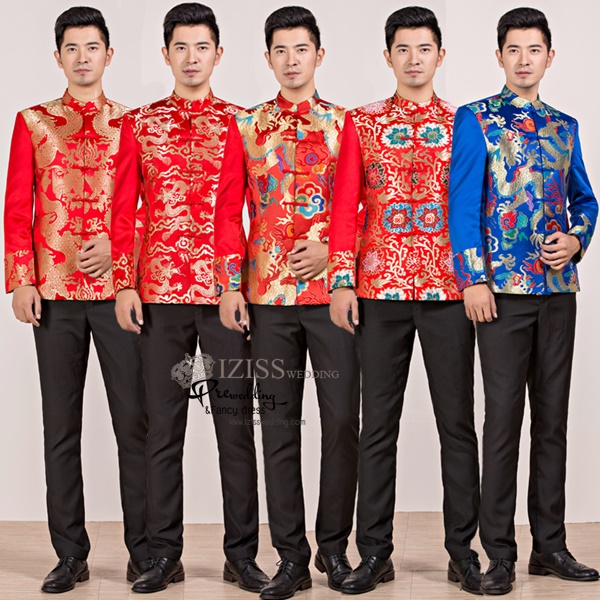 ST077 **พรีออเดอร์แบบ A B C D E ระบุเวลาซื้อด้วยนะคะ**สูทจีนผู้ชายสีแดงและสีน้ำเงินแขนยาวปักลายมังกร กระดุมขัด พร้อมกางเกงสีดำ ชุดสูทเจ้าบ่าว สูทแฟนซี ถ่ายพรีเวดดิ้ง & ชุดแต่งงานแฟนซี (Fancy wedding dress) สูทผู้ชายสีแดง