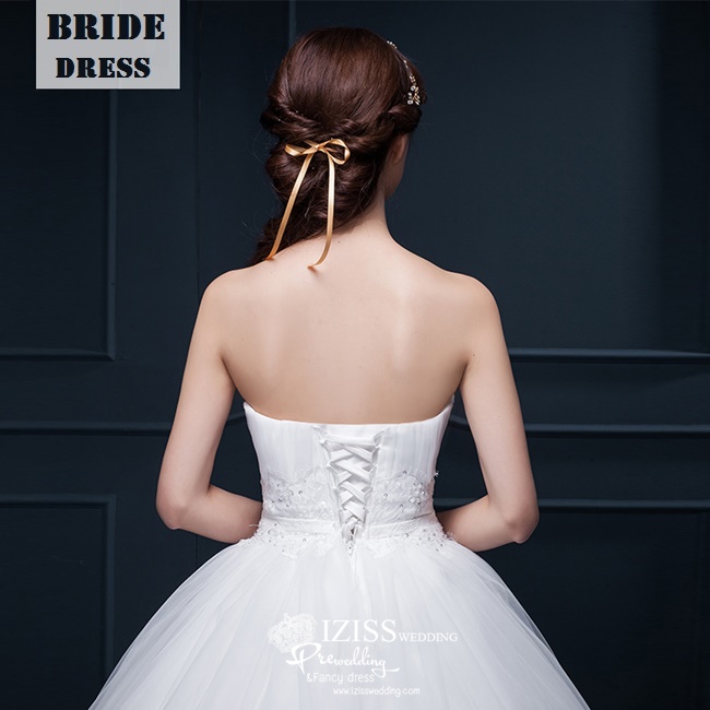 BR161 **พรีออเดอร์**ชุดแต่งงาน&ชุดเจ้าสาวแบบยาวสีขาวเกรดพรีเมี่ยม เกาะอก ช่วงเอวตกแต่งโบว์และ้าลูกไม้ผสมเลื่อม หรูหราน่ารัก สวยโดดเด่นไม่ซ้ำใคร