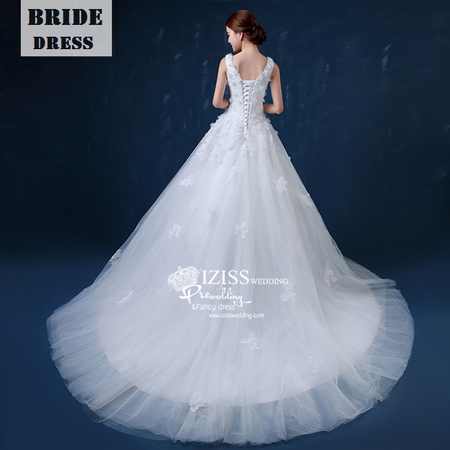 BR157 **พรีออเดอร์มีแบบหางยาว/หางปกติ**ชุดแต่งงาน&ชุดเจ้าสาวแบบยาวสีขาวเกรดพรีเมี่ยม แขนกุด ตกต่งดอกไม้ช่วง หรูหราน่ารัก สวยโดดเด่นไม่ซ้ำใคร