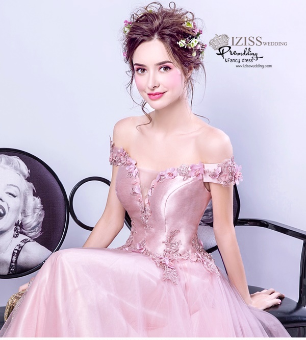 DL058 - **พรีออเดอร์** ชุดราตรี เดรสยาวออกงาน (Night party dresses) ชุดไปงานแต่งงานสวยๆ "ธีมสีชมพูแต่งดอก 3D"