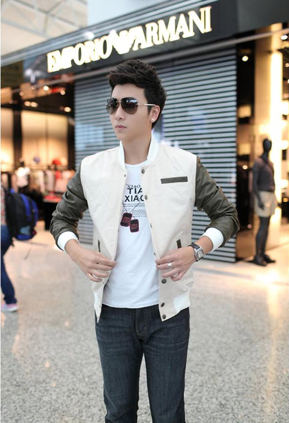 เสื้อแจ๊กเก็ตแฟชั่นผู้ชาย พร้อมส่ง สีครีม แขนยาว กระดุมแถวเดียว คอปก ใส่เที่ยว ใส่ทำงาน ใส่ขี่มอเตอร์ไซด์ แบบเท่ห์