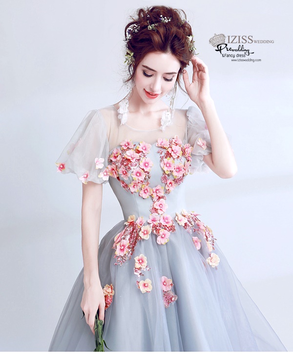 DL039 - **พรีออเดอร์** ชุดราตรี เดรสยาวออกงาน (Night party dresses) ชุดไปงานแต่งงานสวยๆ "ธีมสีเทาแต่งดอก 3D"