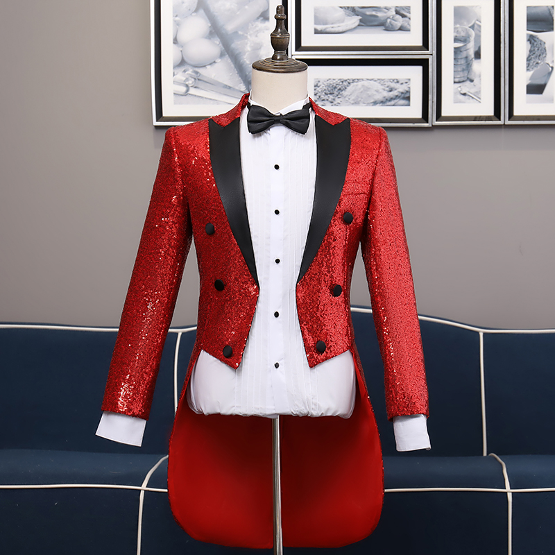 ST128- **พรีออเดอร์มี3สี**สูททักซิโด้เลื่อมผู้ชายสีเทาเงิน สีทองและสีดง สลับปกสีดำ แขนยาว พร้อมกางเกง ชุดสูทเจ้าบ่าว สูทแฟนซี ถ่ายพรีเวดดิ้ง & ชุดแต่งงานแฟนซี (Fancy wedding dress) สูทเลื่อมผู้ชายสีเงิน สีทองและสีแดง