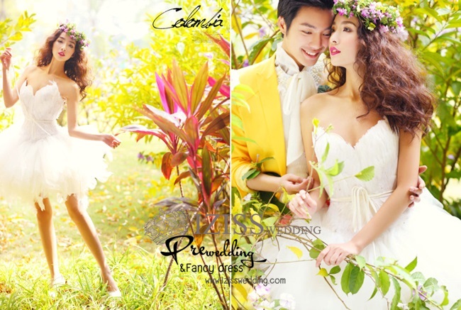 PW211 - **พร้อมส่งเฉพาะผู้ชาย** ชุดคู่ถ่ายพรีเวดดิ้ง (prewedding dress) & ชุดแต่งงานแฟนซี (Fancy wedding dress)ชายหญิง "ธีมขนนกสีขาว-เหลือง"