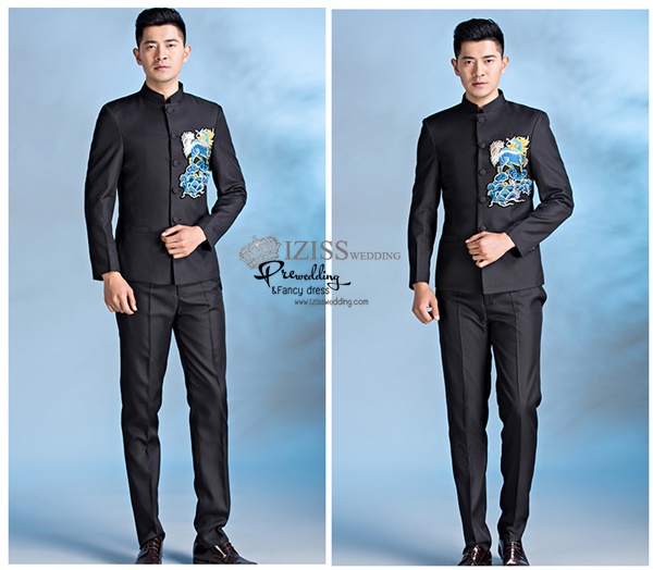 ST078 **พรีออเดอร์**สูทจีนผู้ชายสีดำแขนยาวติดลายมังกรสีทอง ติดกระดุมสีดำ พร้อมกางเกงสีดำขาสอบ ชุดสูทเจ้าบ่าว สูทแฟนซี ถ่ายพรีเวดดิ้ง & ชุดแต่งงานแฟนซี (Fancy wedding dress) สูทผู้ชายสีดำ