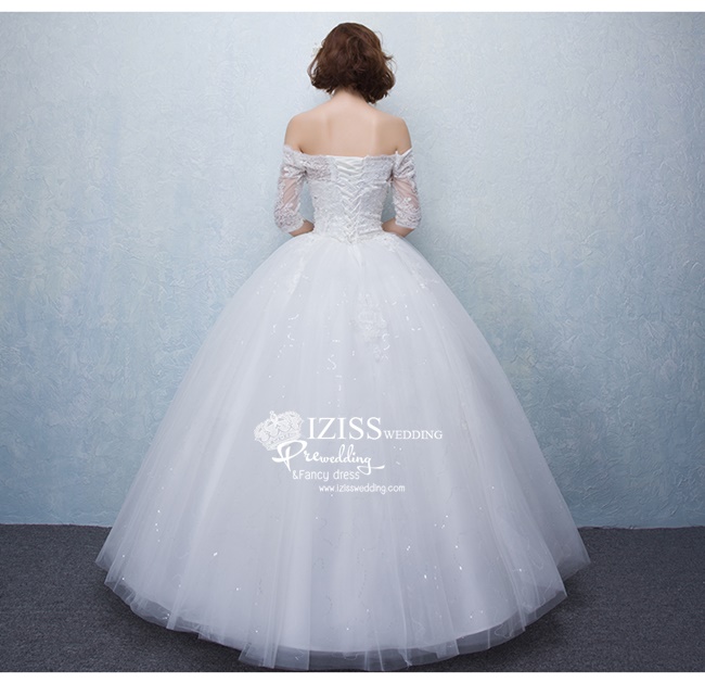 BR139 **พรีออเดอร์**ชุดแต่งงาน&ชุดเจ้าสาวแบบยาวสีขาวเกรดพรีเมี่ยม เปิดไหล่ มีแขน หรูหราน่ารัก สวยโดดเด่นไม่ซ้ำใคร