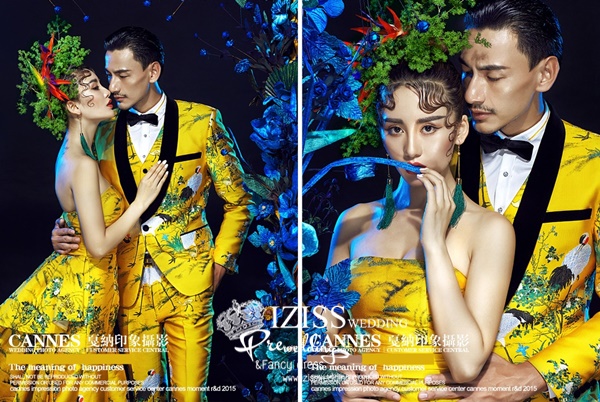 PW556- **พร้อมส่งเฉพาะชุดผู้หญิงแบบผ้าพิมพ์ลายนกกระเรียนค่ะ**ชุดคู่ถ่ายพรีเวดดิ้ง (prewedding dress) & ชุดแต่งงานแฟนซี (Fancy wedding dress)ชายหญิง "ธีมสีเหลือง"