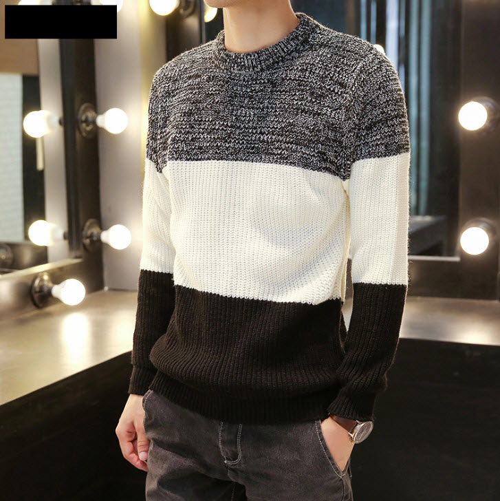 เสื้อสเวตเตอร์ผู้ชาย สีขาวดำ คอกลม แขนยาว เสื้อกันหนาว เสื้อไหมพรมผู้ชาย