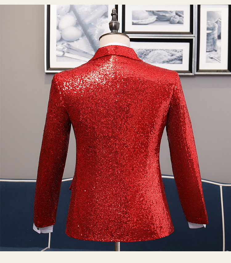 ST127- **พรีออเดอร์**สูทเลื่อมผู้ชายสีเทาเงิน สีทองและสีดง สลับปกสีดำ แขนยาว พร้อมกางเกง ชุดสูทเจ้าบ่าว สูทแฟนซี ถ่ายพรีเวดดิ้ง & ชุดแต่งงานแฟนซี (Fancy wedding dress) สูทเลื่อมผู้ชายสีเงิน สีทองและสีแดง