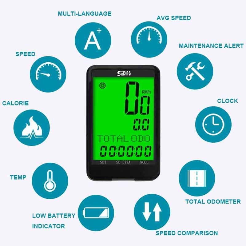 ไมล์วัดความเร็วจักรยานแบบมีสาย มีไฟ จอใหญ่ SUNDING SD-577A Wired LCD Bike
