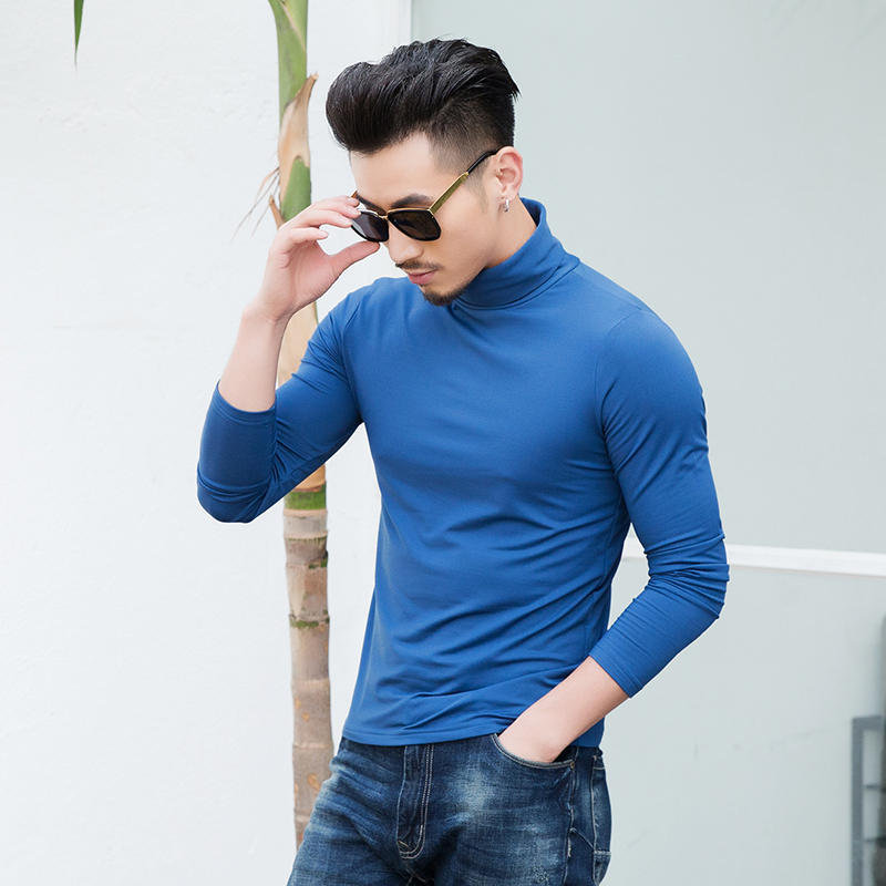 พร้อมส่ง เสื้อยืดคอเต่าผู้ชาย สีน้ำเงิน แขนยาว เนื้อผ้าเข้ารูป ผ้ายืดหยุ่นได้ดีมาก ใส่กับสูท หรือใส่กันหนาวได้