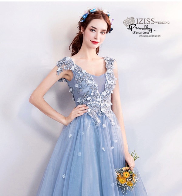 DL072 - **พรีออเดอร์** ชุดราตรี เดรสยาวออกงาน (Night party dresses) ชุดไปงานแต่งงานสวยๆ "ธีมสีฟ้าครามแต่งดอก 3D"