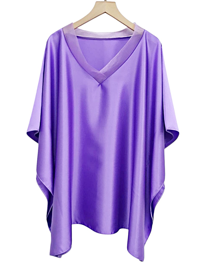 MT24-1153 เครปซาตินคอวีแก้วทรงผีเสื้อ อก 56 นิ้ว สีม่วง สวยสไต์คุณนาย เสื้อผู้ใหญ่