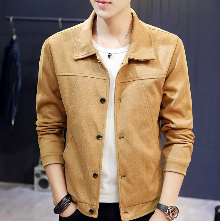 เสื้อแจ็คเก็ตผู้ชาย สีกากี หนังกลับ คอปก แจ็คเก็ตแฟชั่นชาย