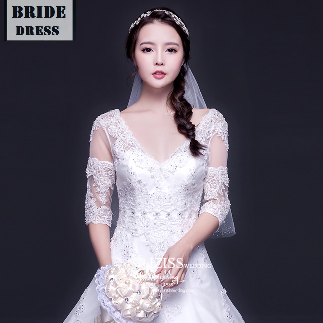 BR160 **พรีออเดอร์ไซส์ M**ชุดแต่งงาน&ชุดเจ้าสาวแบบยาวสีขาวเกรดพรีเมี่ยม แขนยาวครึ่งแขนตกแต่งลูกไม้ หรูหราน่ารัก สวยโดดเด่นไม่ซ้ำใคร