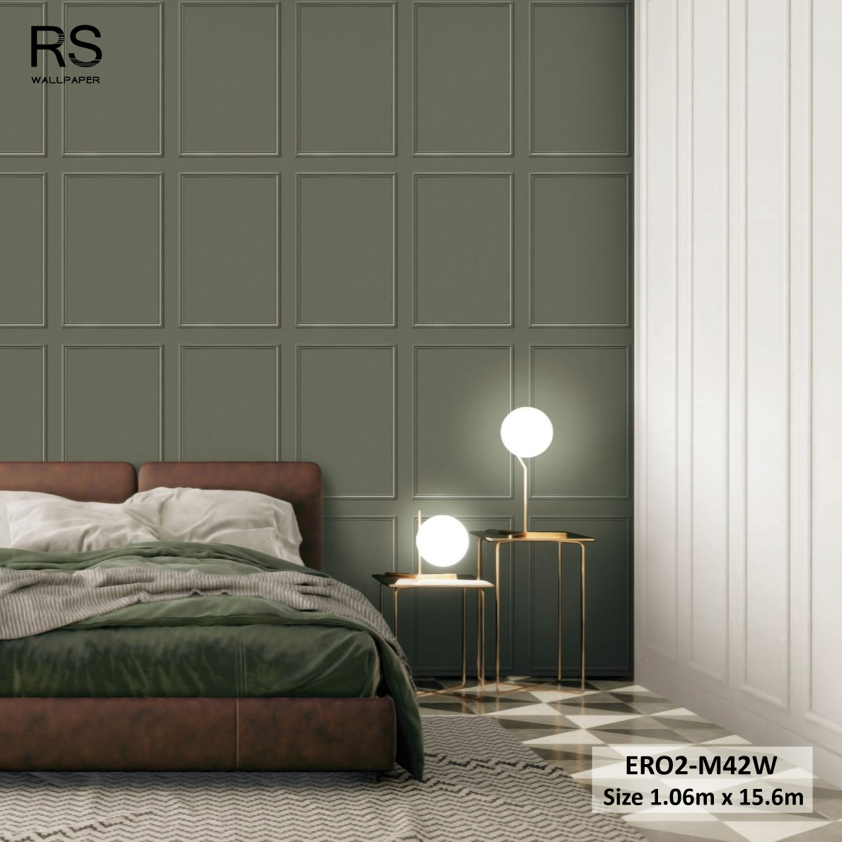 วอลเปเปอร์ลายกรุผนังใส่กรอบคิ้ว สีเทาเข้มอมเขียวขี้ม้า ERO2-M42W