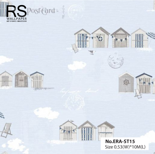 วอลเปเปอร์ ลายบ้านน่ารักๆ พื้นสีฟ้าอ่อน No.ERA-ST15