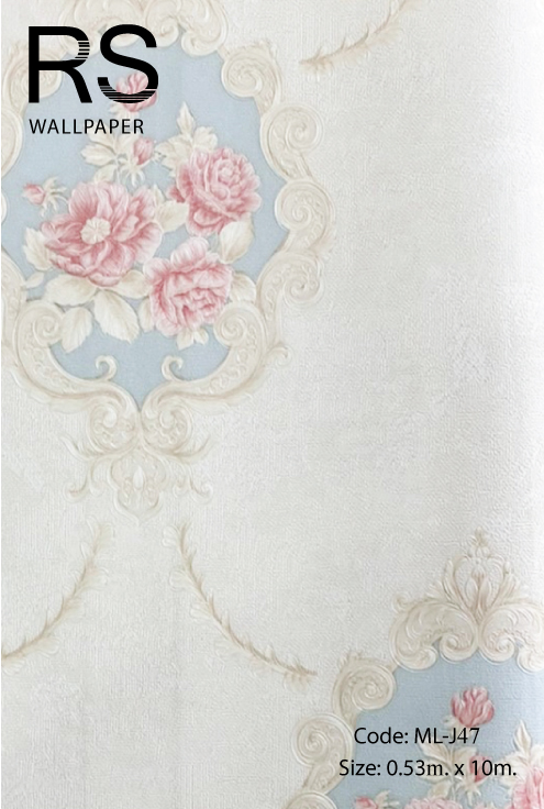 วอลเปเปอร์ลายหลุยส์ดอกไม้โทนสีฟ้าครีม ML-J47