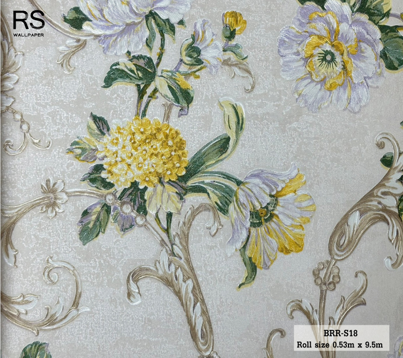 วอลเปเปอร์ ลายดอกไม้วินเทจสีเหลือง พื้นสีครีม BRR-S18
