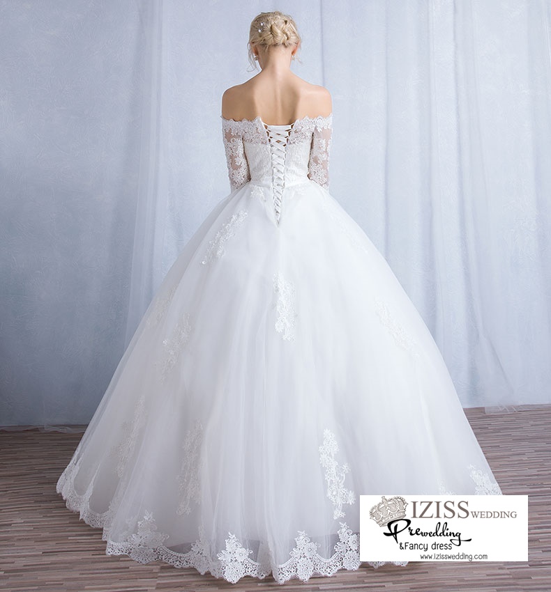 ฺBR105 **พรีออเดอร์**ชุดแต่งงาน&ชุดเจ้าสาวแบบยาวสีขาวเกรดพรีเมี่ยม เปิดไหล่ มีแขน หรูหราน่ารัก สวยโดดเด่นไม่ซ้ำใคร