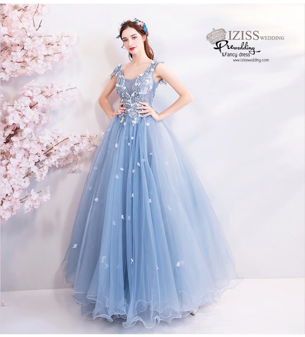 DL072 - **พรีออเดอร์** ชุดราตรี เดรสยาวออกงาน (Night party dresses) ชุดไปงานแต่งงานสวยๆ "ธีมสีฟ้าครามแต่งดอก 3D"