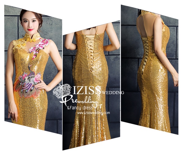 PW521- **พรีออเดอร์สีทอง**ชุดเลื่อมกี่เพ้ายาว ชุดยกน้ำชา ชุดถ่ายพรีเวดดิ้ง (prewedding dress) & ชุดแต่งงานแฟนซี (Fancy wedding dress) "ธีมสีเหลืองทอง"