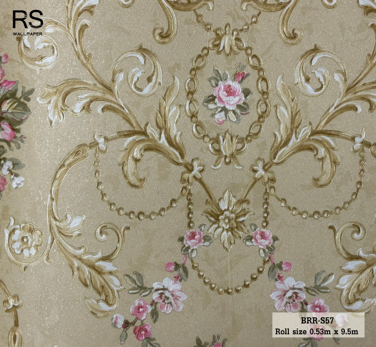 วอลเปเปอร์ ลายดอกไม้วินเทจสีชมพู พื้นสีทอง BRR-S57