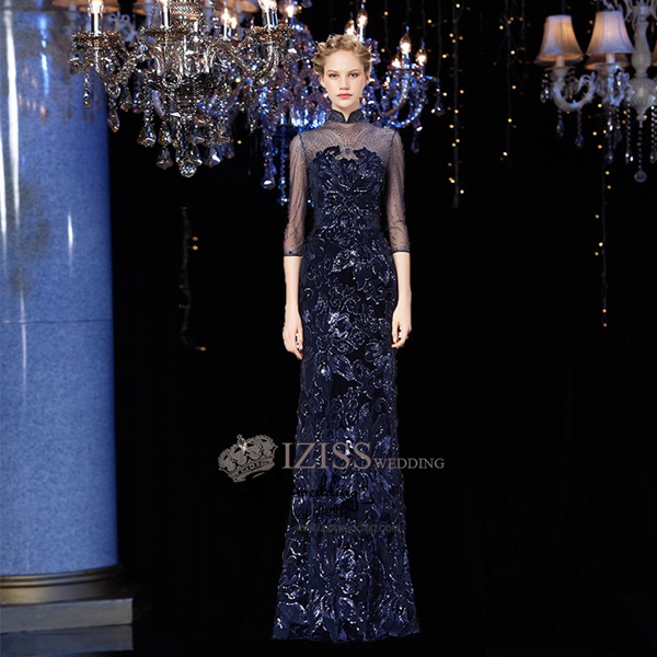 T025 **พรีออเดอร์เดรสชุดเลื่อมสีแดง สีน้ำเงิน สีดำ**ชุดราตรียาวเลื่อมทั้งชุด คอจีน แขนสั้น เล่นดีเทลซีทรูช่วงอกและแขน แต่งเลื่อมไม้ลายดอกไม้ เข้ารูปช่วงเอว กระโปรงทรงปล่อย สวยงามหรูหราไฮโซมากๆ ค่ะ