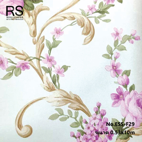 วอลเปเปอร์ลายดอกไม้วินเทจสีม่วง พื้นสีเขียวพาสเทลอ่อน ESS-F29