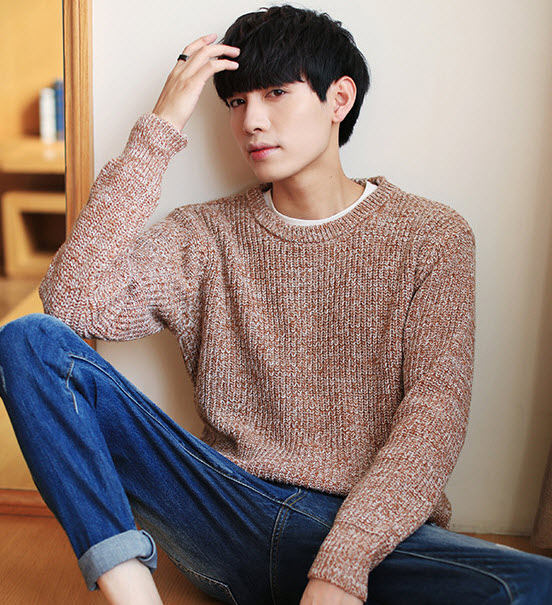 เสื้อไหมพรมผู้ชาย สีน้ำตาล คอกลม แขนยาว สเวตเตอร์ผู้ชาย ผ้าหนา ใส่กันหนาว