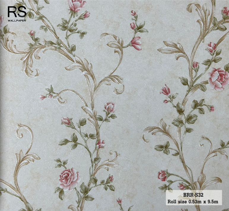 วอลเปเปอร์ ลายดอกไม้วินเทจสีชมพู พื้นสีน้ำตาลทอง BRR-S32