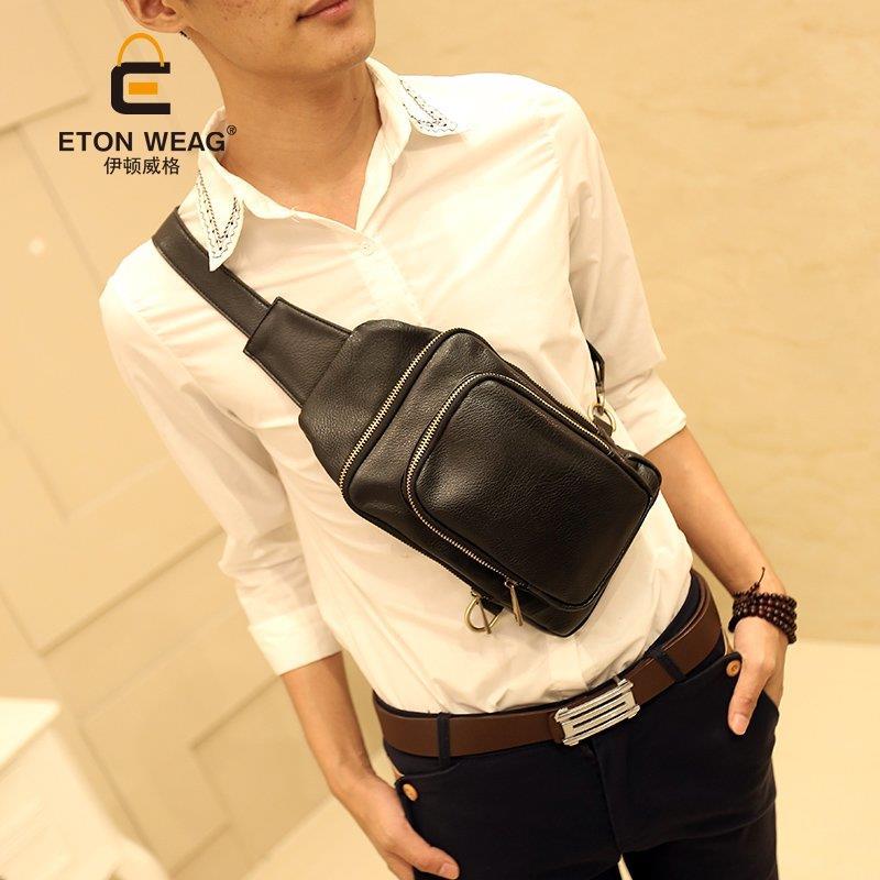 กระเป๋าแฟชั่น กระเป๋าคาดอก ผู้ชาย พร้อมส่ง หนังสีดำเรียบ ขนาดกลาง ปรับสายได้ ช่องใส่ของ 2 ซิป ใส่ไอแพด มินิ ได้ เท่ห์แบบเรียบๆ