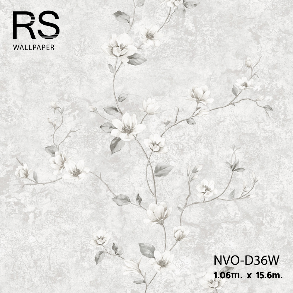 วอลเปเปอร์ ลายดอกไม้สีขาวพื้นปูนเทาน้ำตาลอ่อน NVO-D36W