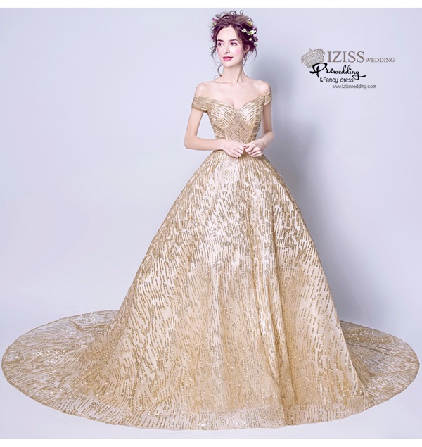 DL042 - **พรีออเดอร์** ชุดราตรี เดรสยาวออกงาน (Night party dresses) ชุดไปงานแต่งงานสวยๆ "ธีมสีทองปักเลื่อม"