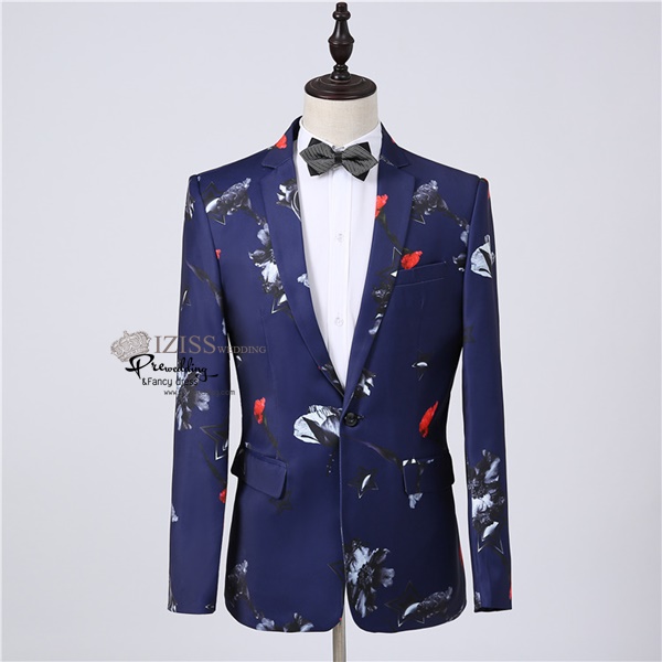 ST111- **พรีออเดอร์**สูทแฟนซีผู้ชายสีน้ำเงินลายดอกไม้ พร้อมกางเกง ชุดสูทเจ้าบ่าว สูทแฟนซี ถ่ายพรีเวดดิ้ง & ชุดแต่งงานแฟนซี (Fancy wedding dress) สูทผู้ชายสีน้ำเงินลายดอกไม้