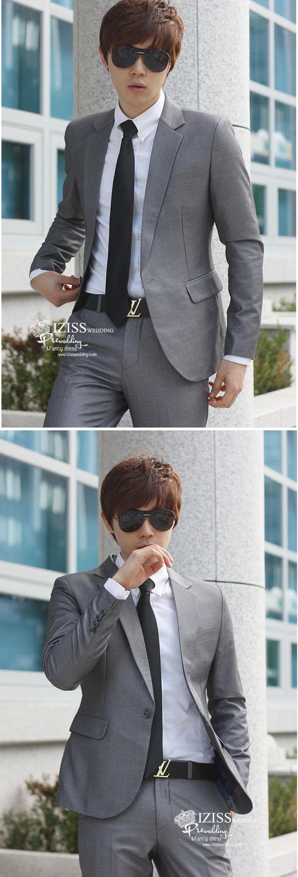 ST052- **พรีออเดอร์**สูทผู้ชายสีเทาแขนยาว แบบกระดุมเดียว พร้อมกางเกง ชุดสูทเจ้าบ่าว สูทแฟนซี ถ่ายพรีเวดดิ้ง & ชุดแต่งงานแฟนซี (Fancy wedding dress) สูทผู้ชายสีเทา