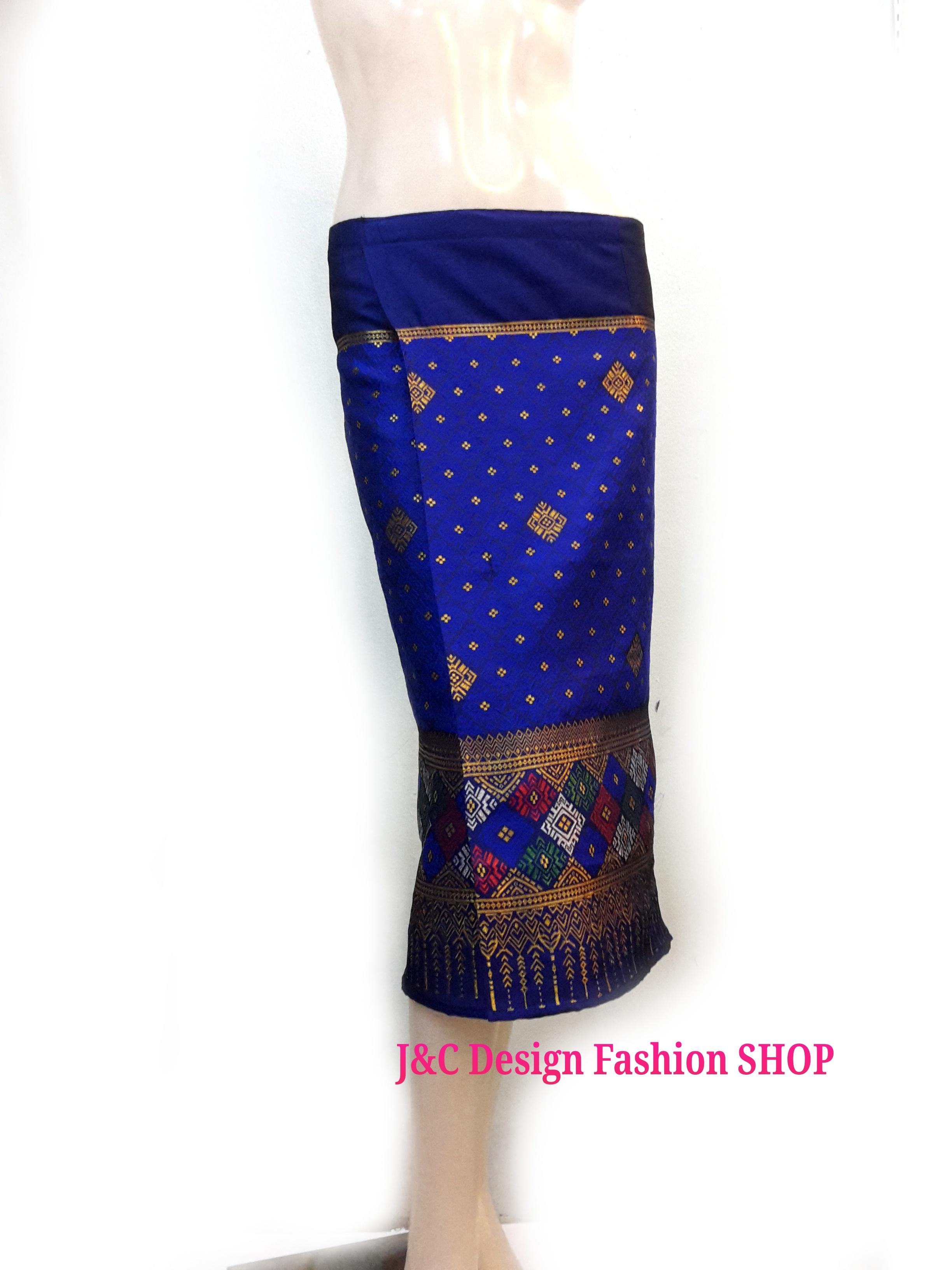 ผ้าถุงสำเร็จรูป ผ้าซิ่นสำเร็จรูปผ้าซิ่นลาว แบบป้ายเลื่อนตะขอ สีน้ำเงินเมทอลลิค