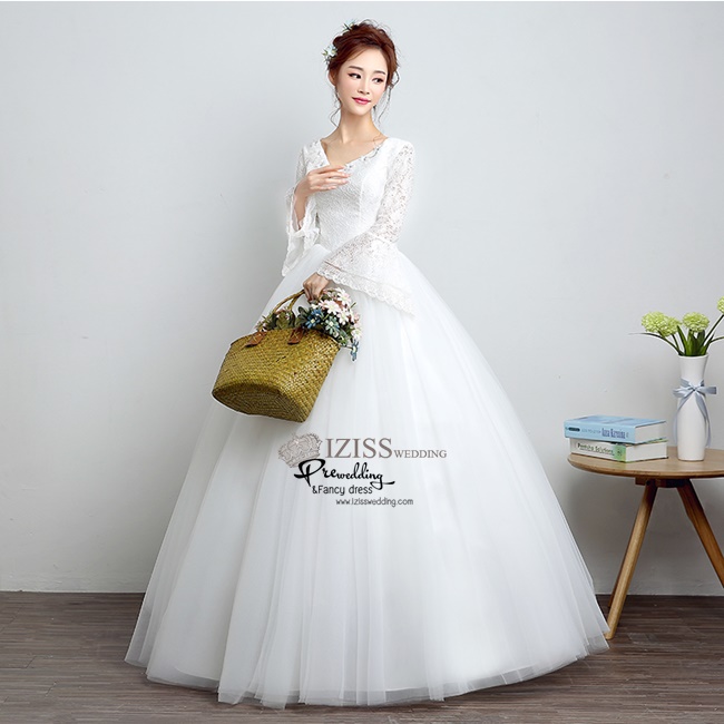 BR237 **พรีออเดอร์**ชุดแต่งงาน&ชุดเจ้าสาวแบบยาวสีขาวเกรดพรีเมี่ยม เปิดไหล่ มีแขน หรูหราน่ารัก สวยโดดเด่นไม่ซ้ำใคร