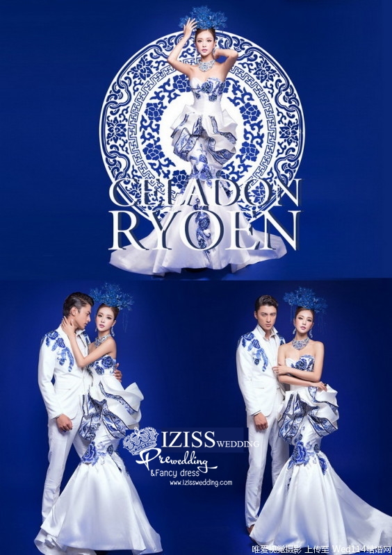 PW376 - **พรีออเดอร์**ชุดจีนสีน้ำเงินสไตล์โมเดริ์น ชุดคู่ถ่ายพรีเวดดิ้ง (prewedding dress) & ชุดแต่งงานแฟนซี (Fancy wedding dress)ชายหญิง "ธีมสีน้ำเงินขาว"