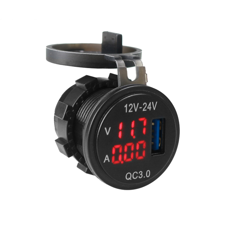 กระบอกแปลงไฟชาร์จ USB QC 3.0 18W 1 ช่อง พร้อมหน้าจอ V/A สำหรับระบบไฟฟ้า DC 12/24V